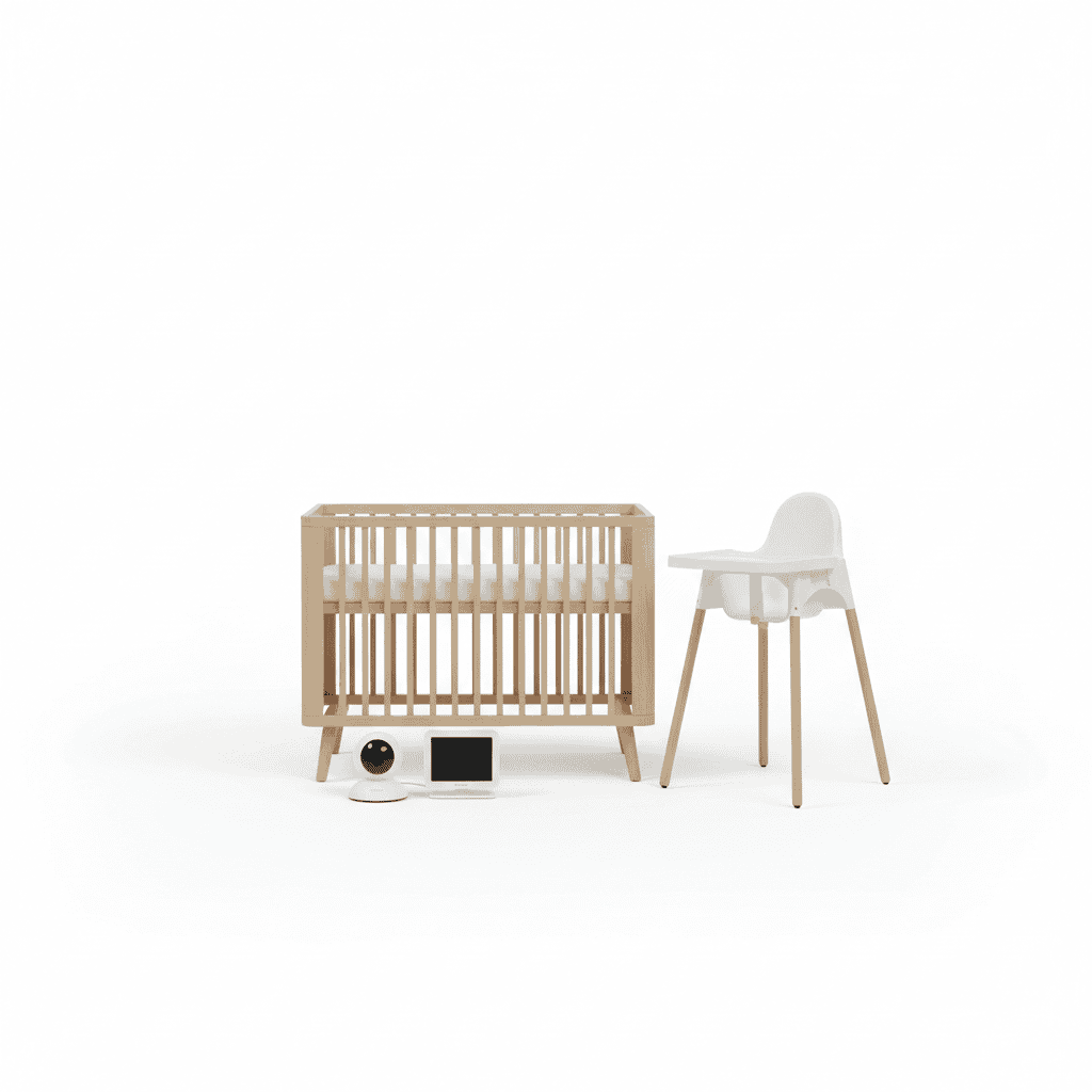 Modern baby crib with white high chair and baby monitor on white background.