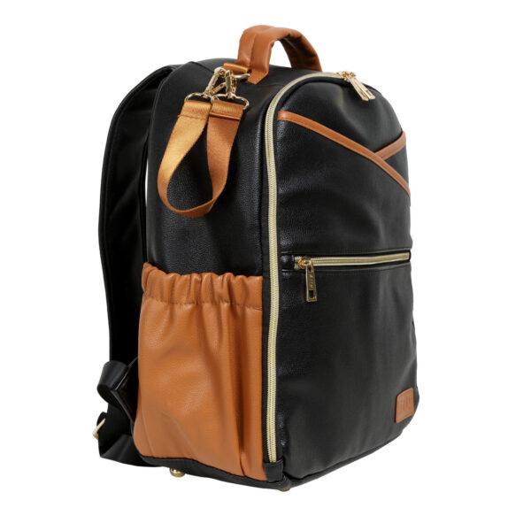 Small black and tan diaper backpack with multiple compartments and adjustable straps.