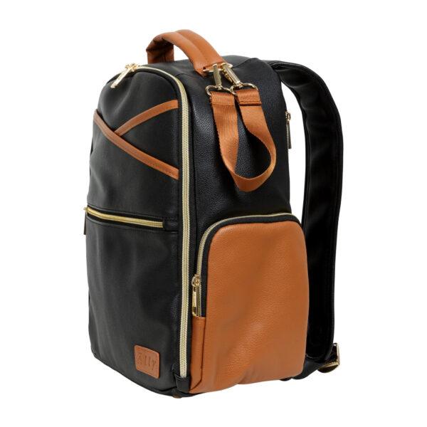 Small black and brown diaper backpack with multiple compartments for moms and dads.