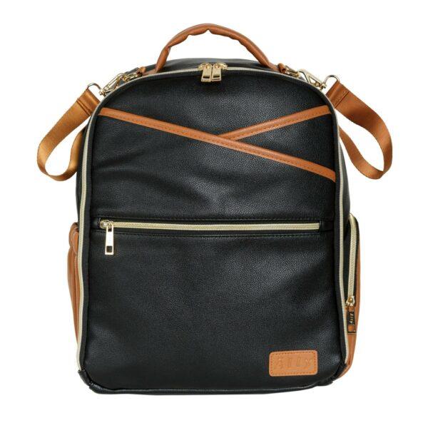 Black coffee small diaper backpack with brown accents and multiple compartments.