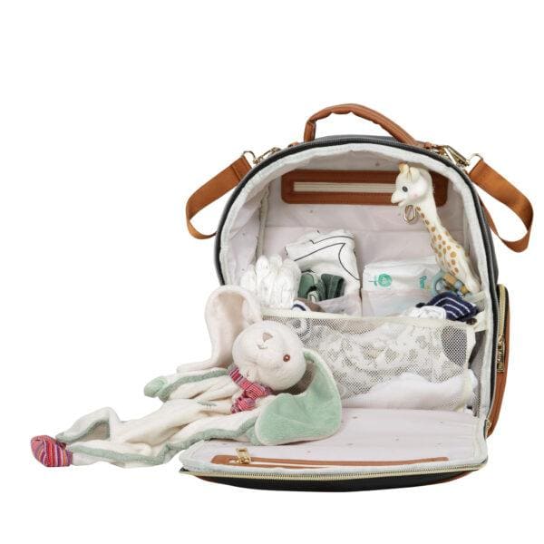 Small diaper backpack in black coffee with baby essentials and plush toys inside.