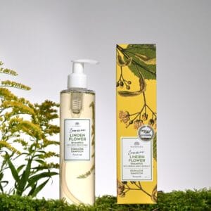 Linden Flower Shampoo with Nordic Birch Extract in a clear pump bottle and box.