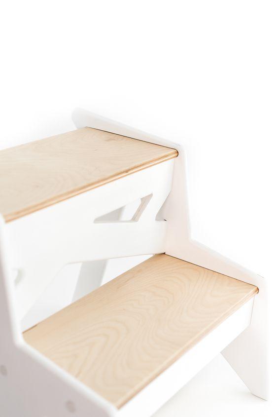 Wooden step stool with white frame and natural wood steps for children or adults.