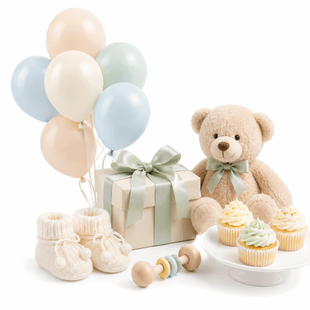 Baby shower gift set with teddy bear, balloons, cupcakes, and socks.