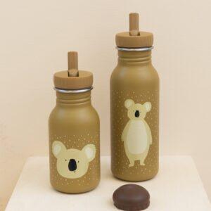 Stainless steel bottles with koala bear design and bamboo lids for eco-friendly use.
