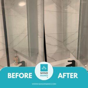 Bathroom mirror cleaning before and after using EcoGlass window cleaner.