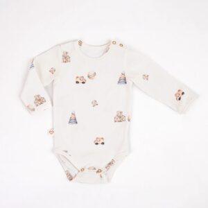 Baby body suit with toy car and camera print, long sleeves, and snap buttons.