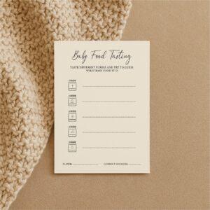 Baby food tasting game card for baby shower activities.