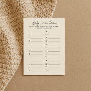 Baby Name Race game card for baby shower with alphabet list.