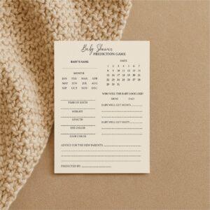 Baby shower prediction game card with spaces for details and predictions.