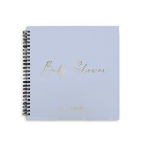Baby Shower guest book with light blue cover and gold lettering.