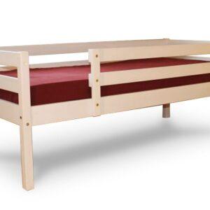 Kids bed with guardrails made of light wood and a red mattress.