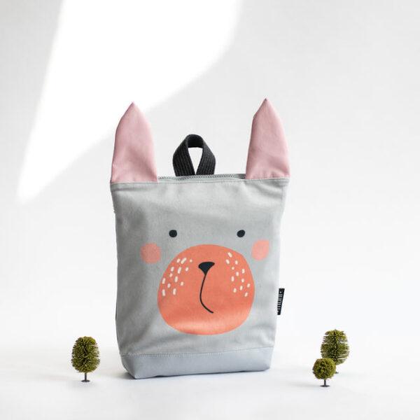 Kids backpack with a cute animal face and pink ears, perfect for children.