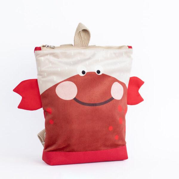Kids backpack with a cute crab design, perfect for children.