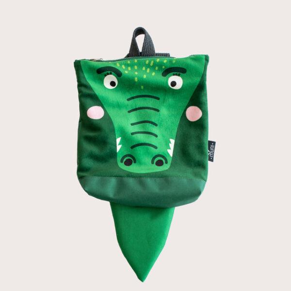 Kids backpack with crocodile design, green color, and playful features.