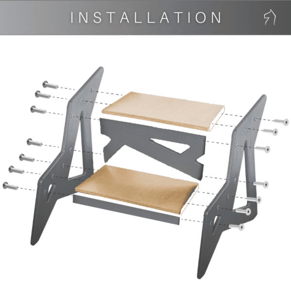 Step-by-step assembly of a wooden step stool with metal brackets and screws.