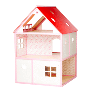 Pink dollhouse with red roof and decorative windows for children.