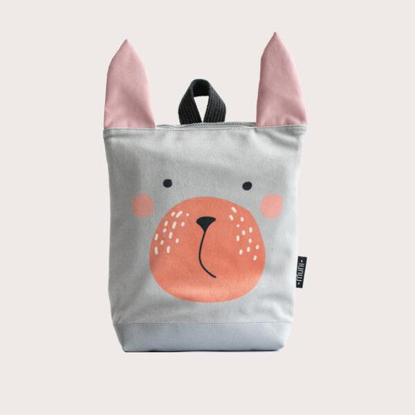 Kids backpack with a cute bunny face and pink ears for children.