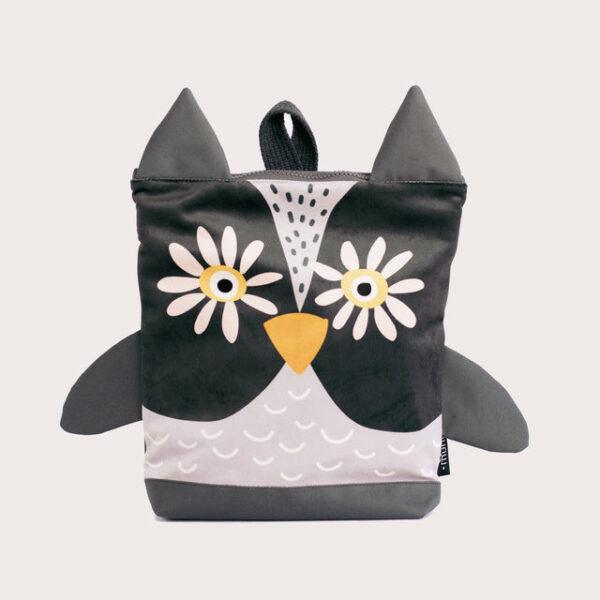 Kids backpack with a cute owl design, black and white with yellow accents.