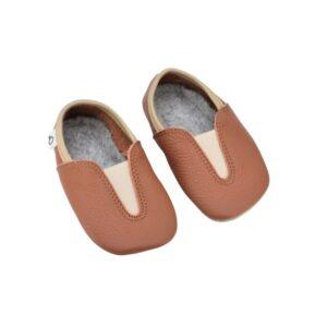 Care-E-Well upcycled leather barefoot slippers for kids in terracotta color.
