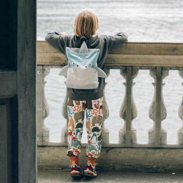 Child with shark-themed backpack looking over water from a wooden pier.