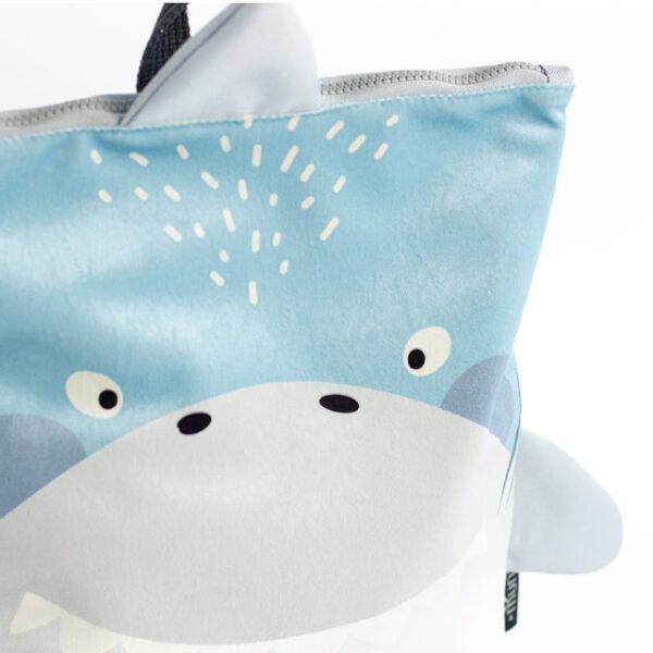 Kids backpack with a cute shark design for children, perfect for school or outings.