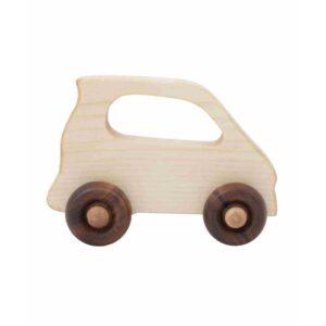 Holzauto aus Holz mit schwarzen Rädern für Kinder.