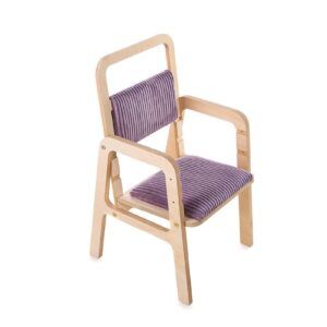 Adjustable children's chair with purple striped cushion and wooden frame.