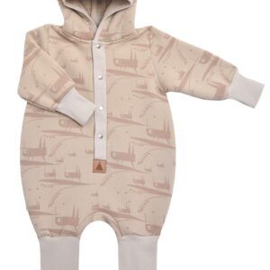 Baby jumpsuit with hood featuring grasshopper pattern for infants.