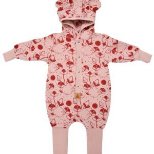 Baby jumpsuit with hood featuring pink and red floral pattern for girls.