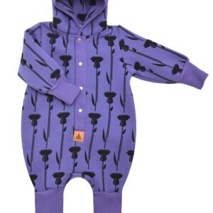 Baby jumpsuit with hood featuring purple and black floral pattern, bear ears on hood.