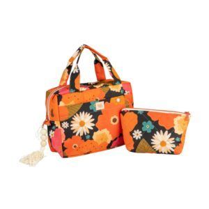 Bunte Kosmetiktasche mit Blumenmuster für unterwegs.