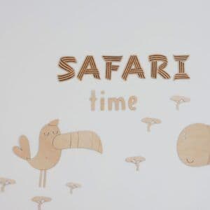 Wooden safari-themed wall sign with animals and 'Safari Time' text.