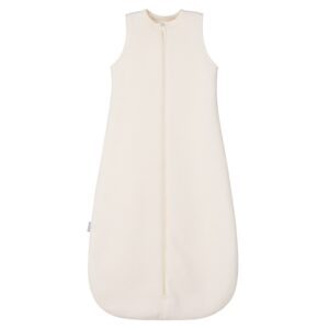 White baby sleeping bag for 6-24 months with zipper closure.
