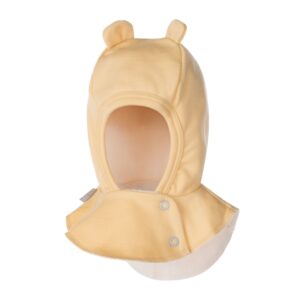Baby balaclava in yellow merino wool with bear ears for warmth and comfort.