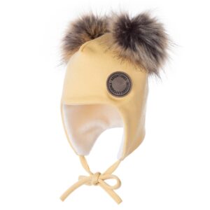 Yellow baby hat with faux-fur pompons and ear flaps for warmth and style.