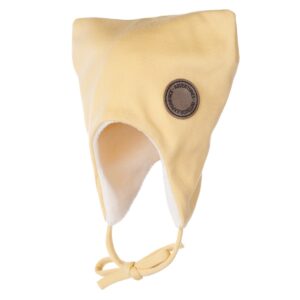 Soft yellow baby hat made from merino wool with ear flaps and chin strap.
