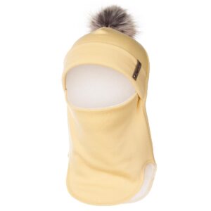 Yellow balaclava with faux fur pom-pom for warmth and style.