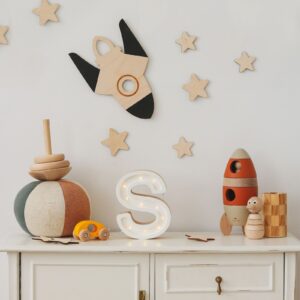 Wooden Wall Decoration - Moon, Saturn, Rocket & 10 Stars
