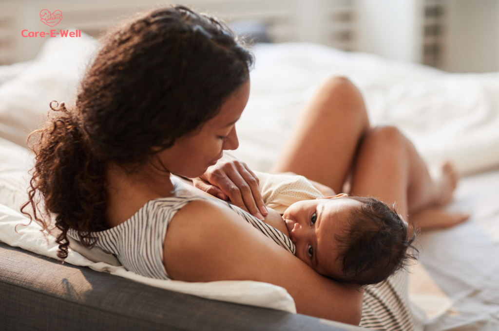 Mother breastfeeding a newborn comfortably in the first weeks after birth
