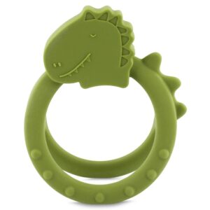 Green dinosaur-shaped sensory teether for babies and toddlers.