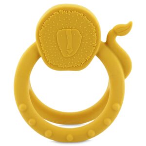 Yellow lion-shaped sensory teether for babies, soft and safe for teething relief.